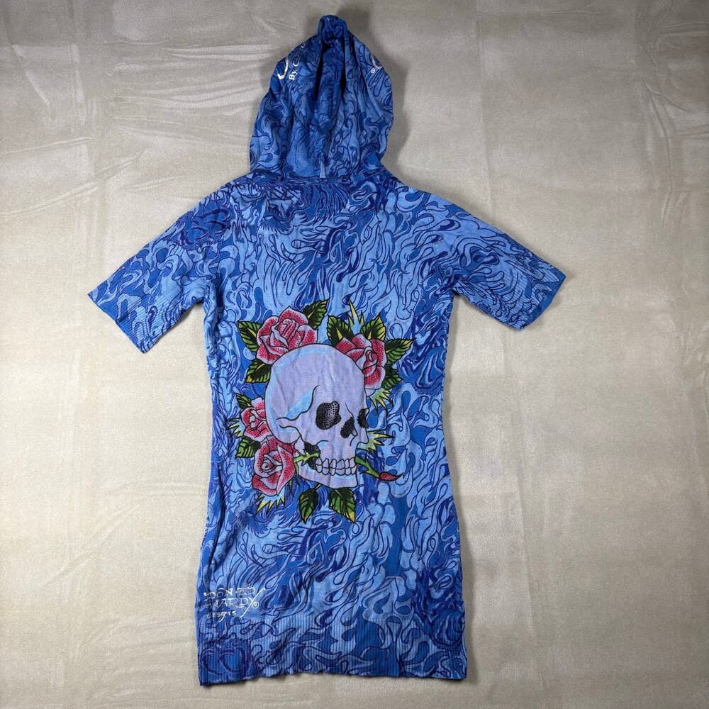 Ed Hardy Christian Audigier Womens XS Blue Skull Roses Hooded Zip Up Dress Y2K - Picture 4 of 8